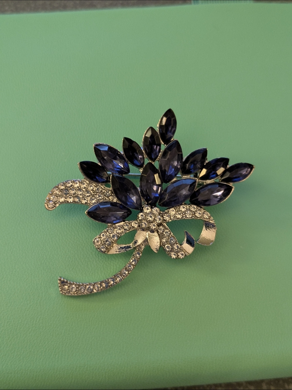 Silver Floral Brooch with Deep Blue Marquise Crystals NEW